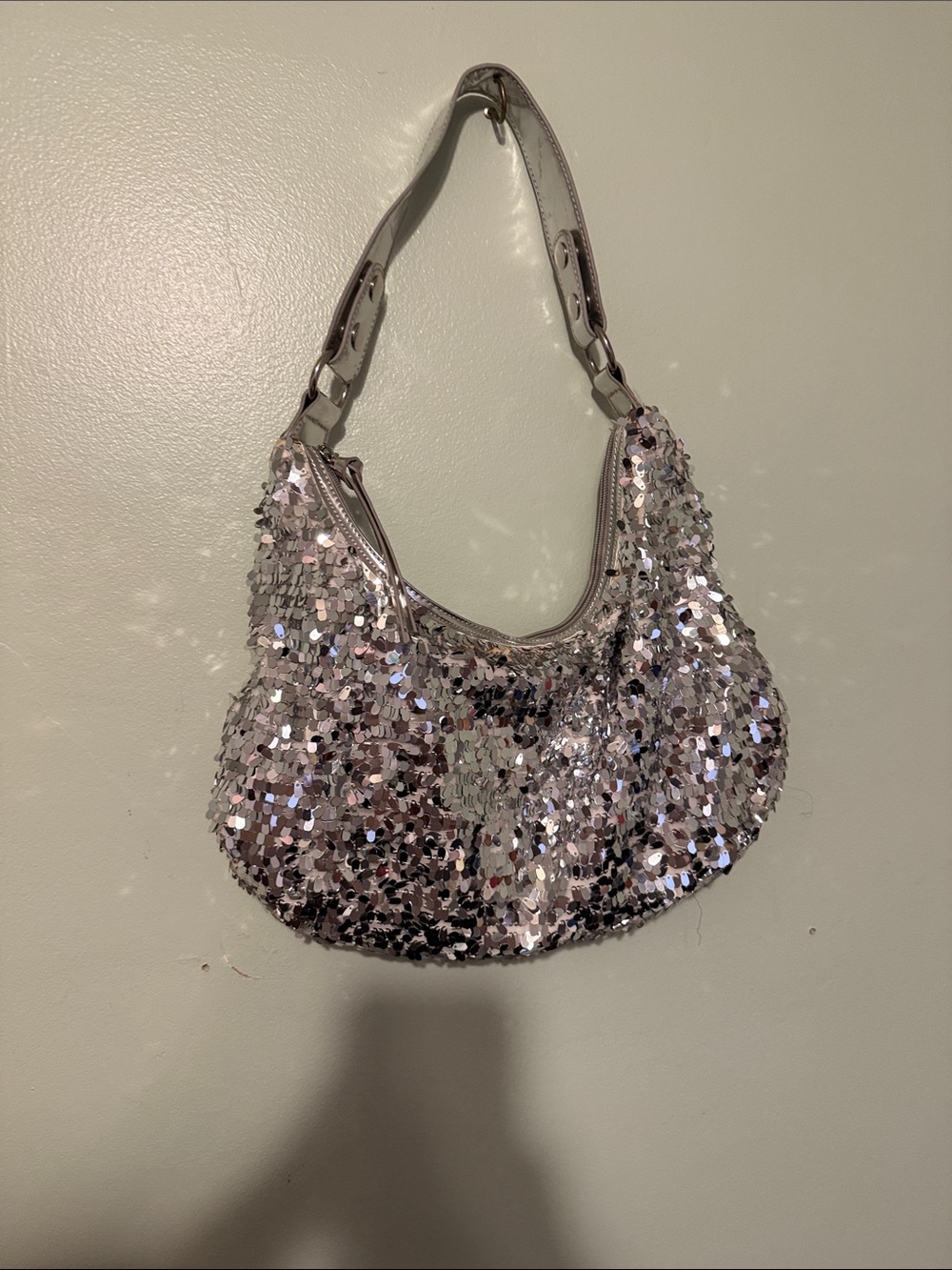 Vtg Y2K Ashro Sequin Shoulder Bag in Silver 13.5” x 8.5”